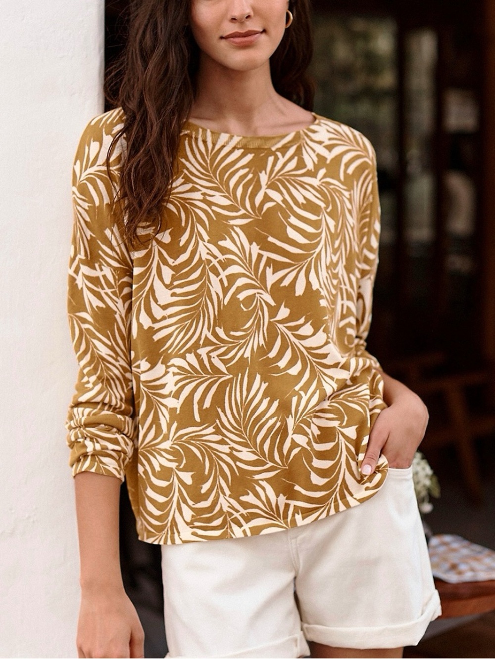 GARNET HILL Silk Organic Cotton Mustard Yellow Leaf Print Oversize Sweater Small